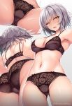  1girl ahoge ass bangs black_bra black_panties blush bra breasts commentary_request embarrassed eyebrows_visible_through_hair fate/grand_order fate_(series) groin hair_between_eyes jeanne_d&#039;arc_(alter)_(fate) jeanne_d&#039;arc_(fate)_(all) lace lace-trimmed_bra lace-trimmed_panties large_breasts lingerie looking_at_viewer migumigu multiple_views navel open_mouth panties short_hair silver_hair simple_background spread_legs stomach sweatdrop underwear underwear_only white_background yellow_eyes 