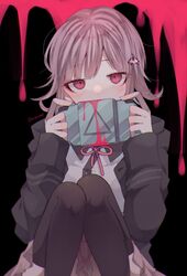  1girl absurdres artist_name bangs beige_skirt black_legwear blood blush commentary covering_mouth dangan_ronpa eyebrows_visible_through_hair flipped_hair hair_ornament hairclip handheld_game_console highres long_sleeves looking_at_viewer mikoshiba_m nanami_chiaki pink_blood pink_eyes pink_hair pink_ribbon ribbon shirt short_hair skirt solo super_dangan_ronpa_2 thigh-highs white_shirt 