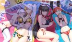  4girls antenna_hair arm_behind_head beach beach_mat bikini black_hair blonde_hair blue_eyes blush breasts closed_eyes cooler day doughnut eating eyepatch food groin hair_ornament hairband hat hawe_king holding holding_food large_breasts long_hair long_sleeves looking_at_viewer lying medium_breasts multiple_girls navel on_back on_side open_clothes open_shirt orange_bikini orange_hair original outdoors parted_lips sand sandals scrunchie shade silver_hair small_breasts stomach sun_hat swimsuit thigh-highs twintails white_headwear white_legwear wrist_scrunchie yellow_bikini 