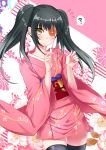  1girl bangs black_hair blush brown_eyes cowboy_shot eyebrows_visible_through_hair eyepatch floral_background floral_print flower flower_eyepatch gintama highres japanese_clothes kaikai kimono long_hair obi pink_kimono sash short_kimono solo thigh-highs twintails wide_sleeves yagyuu_kyuubei zettai_ryouiki 