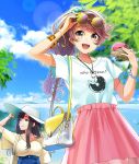  2girls aqua_scrunchie bag bangle bangs black_hair blouse blue_shirt blue_skirt blue_sky blush bracelet breasts brown_eyes brown_hair clothes_writing clouds day doughnut eyebrows_visible_through_hair eyewear_on_head food glint hair_ornament hair_scrunchie handbag hat high-waist_skirt holding holding_food idolmaster idolmaster_cinderella_girls jewelry long_hair looking_at_viewer medium_breasts mizumoto_yukari multiple_girls nail_polish necklace open_mouth outdoors pink_skirt ponytail retsuna scrunchie shiina_noriko shirt skirt sky smile sun_hat tinted_eyewear tree yellow_blouse yellow_nails 