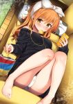  1girl barefoot black_sweater breasts chips commentary_request couch crotch_seam dutch_angle food holding holding_phone legs_up light_particles long_hair long_sleeves looking_at_viewer lying medium_breasts mouth_hold off_shoulder on_back on_couch orange_eyes orange_hair original panties phone pillow potato_chips ribbon sasahara_wakaba solo star sweater thighs underwear white_panties white_ribbon 
