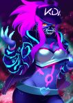  1girl absurdres akali baseball_cap beckoning belt blue_skin breasts come_hither face_mask hat highres jacket k/da_(league_of_legends) k/da_akali league_of_legends long_hair looking_at_viewer mask medium_breasts midriff navel ponytail purple_hair ray_rie solo spray_paint yellow_eyes 