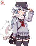  1girl :o adjusting_clothes adjusting_hat artist_logo bag black_headwear black_legwear black_skirt blue_eyes blue_sailor_collar blush commentary_request cowboy_shot dated eyebrows_visible_through_hair flat_cap grey_cardigan hair_between_eyes hat hibiki_(kantai_collection) highres kanon_(kurogane_knights) kantai_collection long_hair long_sleeves looking_at_viewer neckerchief pleated_skirt red_neckwear revision sailor_collar scarf school_bag school_uniform serafuku shoulder_bag signature silver_hair simple_background skirt solo standing thigh-highs white_background white_hair white_scarf zettai_ryouiki 