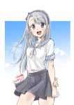  1girl asymmetrical_bangs bangs blue_bow blue_hairband blue_sky bow clouds cowboy_shot dated grey_ribbon grey_skirt hairband kantai_collection long_hair looking_at_viewer open_mouth pleated_skirt round_teeth sagiri_(kantai_collection) school_uniform serafuku short_sleeves signature silver_hair skirt sky smile solo swept_bangs teeth upper_teeth usami_(50-point_caliper) violet_eyes white_background 