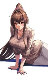  1girl :o alternate_costume arm_support bangs blush breasts brown_eyes brown_hair brown_sweater casual cherry_blossoms cleavage commentary flower hair_between_eyes hair_flower hair_ornament highres kantai_collection large_breasts long_hair looking_at_viewer open_mouth pants ponytail ribbed_sweater sidelocks simple_background solo sweater white_background white_pants yamato_(kantai_collection) yashiro_(silver_will) 