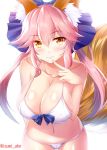  1girl animal_ear_fluff animal_ears arm_behind_back bangs bikini blue_bow blush bow bow_bikini breasts cleavage closed_mouth collarbone fate/extra fate/grand_order fate_(series) finger_to_mouth fox_ears fox_tail hair_bow izumi_akane large_breasts long_hair looking_at_viewer navel pink_hair side-tie_bikini sidelocks simple_background skindentation smile solo swimsuit tail tamamo_(fate)_(all) tamamo_no_mae_(fate) twitter_username white_background white_bikini yellow_eyes 