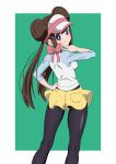  1girl ass backboob black_legwear blue_eyes bow breasts brown_hair creatures_(company) double_bun from_behind full_body game_freak gensei00 hair_bun hand_on_hip highres legs looking_back mei_(pokemon) nintendo pantyhose pink_bow pokemon pokemon_(game) pokemon_bw2 shirt shorts smile solo standing v yellow_shorts 