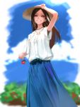  1girl absurdres arm_up bangs blue_skirt blurry blurry_background blush brown_eyes brown_hair commentary_request feet_out_of_frame food fruit grin hand_on_headwear hat highres holding holding_food holding_fruit jewelry long_hair long_skirt looking_at_viewer macaroni_tamago necklace original outdoors parted_bangs shirt short_sleeves skirt sky smile solo standing straw_hat strawberry white_shirt wind 