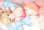  1girl 6u_(eternal_land) absurdres bikini blonde_hair blue_eyes blush breasts fingernails highres huge_filesize long_hair lying medium_breasts navel on_back pink_bikini saenai_heroine_no_sodatekata sawamura_spencer_eriri scan shiny shiny_clothes shiny_hair shiny_skin smile solo stomach swimsuit twintails 