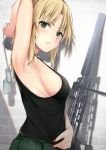  1girl absurdres arm_behind_head armpits black_tank_top blonde_hair breasts brick_wall commentary_request dog_tags from_side green_eyes gun hazuki_gyokuto highres looking_at_viewer medium_breasts nail_polish original red_nails rifle sideboob solo suppressor tank_top upper_body v-shaped_eyebrows weapon 