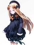  1girl abigail_williams_(fate/grand_order) bangs bbci black_bow black_dress black_headwear blonde_hair bloomers blue_eyes bow bug butterfly closed_mouth commentary_request cowboy_shot dress eyebrows_visible_through_hair fate/grand_order fate_(series) forehead grey_background hair_bow hat highres insect long_hair long_sleeves looking_at_viewer orange_bow parted_bangs polka_dot polka_dot_bow simple_background sleeves_past_fingers sleeves_past_wrists solo standing underwear very_long_hair white_bloomers 