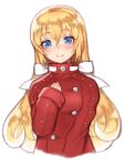  1girl blonde_hair blue_eyes breasts closed_mouth colette_brunel folks_(nabokof) lloyd_irving_(cosplay) long_hair looking_at_viewer simple_background smile solo tales_of_(series) tales_of_symphonia white_background 
