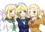  3girls blonde_hair codasaku hair_rings love_live! love_live!_school_idol_festival love_live!_school_idol_festival_all_stars love_live!_school_idol_project love_live!_sunshine!! multiple_girls nijigasaki_academy_uniform otonokizaka_school_uniform perfect_dream_project ponytail school_uniform short_hair uranohoshi_school_uniform wavy_hair 