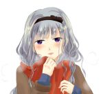  1girl blush breath hairband idolmaster idolmaster_(classic) long_hair open_mouth scarf shijou_takane silver_hair smile solo 