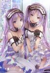  2girls akatsuki_hijiri bangs bare_shoulders blush breasts choker dress euryale eyebrows_visible_through_hair fate/grand_order fate/hollow_ataraxia fate_(series) hairband headdress highres jewelry lolita_hairband long_hair looking_at_viewer multiple_girls open_mouth purple_hair ribbon siblings sisters smile stheno strapless twins twintails very_long_hair violet_eyes white_dress 