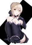  1girl absurdres artoria_pendragon_(all) bangs bare_shoulders black_dress black_gloves black_legwear black_ribbon blonde_hair blush braid breasts cleavage collarbone commentary_request dress elbow_gloves fate/grand_order fate_(series) feet french_braid gloves hair_bun highres legs_together looking_at_viewer medium_breasts nekoma0116 no_shoes open_mouth pleated_skirt pov_feet ribbon saber_alter simple_background sitting skirt sleeveless sleeveless_dress soles solo thigh-highs thighs toes white_background yellow_eyes 