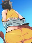  1girl animal_ears animal_print ass bare_shoulders black_hair blue_sky breasts butt_crack commentary_request cow_ears cow_horns cow_print cow_tail cowboy_shot crop_top from_behind from_below grey_hair haori hekiga_(freelot) highres horns japanese_clothes large_breasts multicolored_hair off_shoulder short_hair sky sleeveless solo tail touhou two-tone_hair ushizaki_urumi 