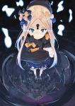  1girl abigail_williams_(fate/grand_order) bangs black_bow black_dress black_headwear blonde_hair bloomers blue_eyes bow closed_mouth dress fate/grand_order fate_(series) forehead glowing glowing_eyes hair_bow highres holding holding_stuffed_animal keyhole long_hair long_sleeves looking_at_viewer object_hug orange_bow parted_bangs perspective polka_dot polka_dot_bow reflection ripples solo stuffed_animal stuffed_toy tapioka_(oekakitapioka) teddy_bear underwear water white_bloomers 