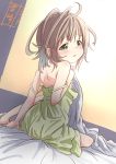  1girl bare_shoulders bed_sheet blanket chemise commentary_request dress from_behind green_dress green_eyes grey_hair hair_ornament highres kohshibasaki loli looking_back messy_hair on_bed short_hair shoulder_blades sitting sitting_on_bed solo strap_slip yama_no_susume yukimura_aoi 