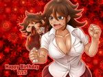  1girl breasts brown_eyes brown_hair cleavage clenched_hand collarbone collared_shirt dangan_ronpa dark_skin dress_shirt food food_on_face hair_between_eyes happy_birthday holding holding_food large_breasts meat medium_hair miniskirt open_mouth owari_akane pleated_skirt red_background red_skirt shiny shiny_skin shirt short_sleeves skirt solo star starry_background super_dangan_ronpa_2 sweatdrop unbuttoned unbuttoned_shirt v-shaped_eyebrows white_shirt wing_collar yumaru_(marumarumaru) 