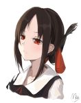  1girl 8rk9 bangs black_hair bow collarbone cropped_torso frown hair_bow highres kaguya-sama_wa_kokurasetai_~tensai-tachi_no_renai_zunousen~ neck_ribbon parted_bangs red_bow red_eyes red_ribbon ribbon shinomiya_kaguya short_hair signature simple_background solo tied_hair upper_body white_background 