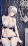  1girl bare_shoulders bra breasts choker highres indoors lace large_breasts limeblock navel original panties shield short_hair silver_hair thigh-highs underwear 