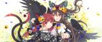  2girls :d adapted_costume ahoge animal_ears bangs bare_shoulders black_choker black_dress black_hair black_ribbon black_wings blue_flower bow braid cat_ears cat_tail choker dress eyebrows_visible_through_hair feathered_wings floral_print flower from_behind green_bow hair_between_eyes hair_bow hair_flower hair_ornament hair_ribbon half_updo hand_holding highres interlocked_fingers kaenbyou_rin long_hair long_sleeves looking_at_viewer looking_back multiple_girls multiple_tails nail_polish nekomata off-shoulder_dress off_shoulder open_mouth orange_flower petals pointy_ears puffy_short_sleeves puffy_sleeves purple_flower red_eyes red_nails redhead reiuji_utsuho ribbon shirt short_sleeves shoulder_cutout sidelocks smile tail touhou toutenkou twin_braids twintails two_tails upper_body very_long_hair white_background white_shirt wings yellow_flower 