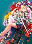  1girl bangs belt blonde_hair blue_eyes blush boots breasts brown_gloves cleavage crown elbow_gloves elf flower gloves gold_trim green_hair high_heel_boots high_heels highres holding holding_sword holding_weapon large_breasts long_hair looking_at_viewer mini_crown multicolored_hair open_mouth original parted_lips pauldrons pink_flower pointy_ears purple_flower red_flower red_rose retsuna rose sidelocks signature single_elbow_glove single_thighhigh sitting smile solo sword thigh-highs very_long_hair weapon white_flower white_footwear white_hair white_legwear yellow_flower 