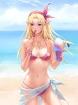  1girl beach bikini blonde_hair blue_eyes breasts chuby_mi earrings eating food hair_ribbon highres ice_cream jewelry long_hair looking_at_viewer medium_breasts navel nintendo pointy_ears princess_zelda ribbon sarong simple_background solo standing string_bikini swimsuit the_legend_of_zelda the_legend_of_zelda:_a_link_between_worlds water 