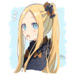  1girl :o abigail_williams_(fate/grand_order) alternate_hairstyle bangs black_bow black_dress blue_eyes blush bow cropped_torso dress eyebrows_visible_through_hair fate/grand_order fate_(series) forehead hair_bow high_ponytail highres long_hair looking_at_viewer notice_lines open_mouth orange_bow parted_bangs ponytail signature sofra solo sweat upper_body 