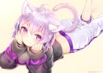  1girl :3 ahoge animal_ear_fluff animal_ears black_sweater blush breasts cat_ears cat_girl cat_tail commentary_request hololive lavender_hair leg_up looking_at_viewer lying midriff nekomata_okayu on_stomach pants short_hair simple_background smile solo sukemyon sweater tail tail_through_clothes twitter_username violet_eyes virtual_youtuber white_pants yellow_background 
