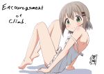  1girl bare_legs bare_shoulders barefoot chemise commentary_request dress full_body green_eyes grey_hair hair_ornament knees_up kohshibasaki looking_at_viewer short_hair shoulder_blades sitting solo strap_slip white_dress yama_no_susume yukimura_aoi 