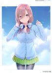  1girl 6u_(eternal_land) absurdres bangs blue_eyes blue_sky breasts buttons character_name cleavage closed_mouth clouds collarbone day go-toubun_no_hanayome green_skirt hands_up head_tilt headphones headphones_around_neck highres long_hair long_sleeves looking_at_viewer medium_breasts nakano_miku outdoors page_number pantyhose pleated_skirt scan shiny shiny_hair skirt sky smile solo 