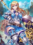  1girl armor axe blonde_hair blue_eyes blue_sky breasts day doku-chan_(dokkudokudoku) dragon dragon_tactics highres holding holding_axe huge_weapon large_breasts long_hair navel official_art sky solo very_long_hair weapon 