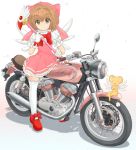 1girl bangs bow bowtie brown_hair card_captor_sakura cherry_blossoms closed_mouth collared_shirt commentary_request dress fake_wings frilled_legwear fuuin_no_tsue green_eyes ground_vehicle hat hat_bow highres holding holding_staff ichigotofu kero kinomoto_sakura logo looking_at_viewer magical_girl mary_janes motor_vehicle motorcycle namesake partial_commentary petticoat pinafore_dress pink_dress pink_headwear print_dress puffy_short_sleeves puffy_sleeves red_footwear red_neckwear riding shadow shirt shoes short_dress short_hair short_sleeves single_horizontal_stripe smile sparkle staff standing thigh-highs white_background white_legwear white_shirt white_wings wings xs-v1_sakura yamaha 