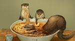  animal bowl commentary_request eating ferret food food_in_mouth food_on_head in_bowl in_container kamaboko munashichi narutomaki no_humans noodles object_on_head original partially_submerged ramen swimming table 