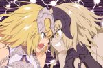  2girls angry armor blonde_hair blue_eyes chain clenched_teeth collar eyebrows_visible_through_hair fate/apocrypha fate/grand_order fate_(series) flat_color gin&#039;you_haru jeanne_d&#039;arc_(alter)_(fate) jeanne_d&#039;arc_(fate) jeanne_d&#039;arc_(fate)_(all) metal_collar multiple_girls neckwear open_mouth silver_hair source_request sparks teeth yellow_eyes 