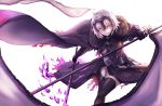  &gt;:) 1girl absurdres ahoge armor armored_dress bangs black_legwear cape chains commentary_request fate/grand_order fate_(series) fifty1202 fire flag fur-trimmed_cape fur_collar fur_trim gauntlets headpiece highres holding holding_sword holding_weapon jeanne_d&#039;arc_(alter)_(fate) jeanne_d&#039;arc_(fate)_(all) purple_fire scabbard sheath short_hair silver_hair simple_background solo sword thigh-highs tsurime weapon white_background yellow_eyes 
