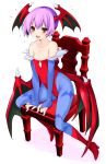  1girl animal animal_print bangs bare_shoulders bat bat_print blush body_blush breasts bridal_gauntlets chair commentary_request demon_girl head_wings high_heels iwasi-r leotard lilith_aensland looking_at_viewer low_wings pantyhose print_legwear purple_hair red_footwear red_leotard short_hair simple_background sitting small_breasts smile solo succubus vampire_(game) violet_eyes white_background wings 