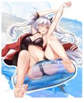  1girl ;d armpits azur_lane bad_feet bangs bare_legs barefoot bikini black_bikini black_choker black_ribbon blush breasts choker cross cross_earrings earrings eyebrows_visible_through_hair feet flag_print full_body german_flag_bikini hair_ribbon highres holding_arm innertube iron_cross jacket_on_shoulders jewelry kasari large_breasts long_hair looking_at_viewer military_jacket multicolored_hair navel one_eye_closed open_mouth prinz_eugen_(azur_lane) prinz_eugen_(unfading_smile)_(azur_lane) ribbon side-tie_bikini silver_hair smile solo streaked_hair swept_bangs swimsuit thigh_strap two_side_up very_long_hair 