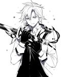  1boy bangs collarbone collared_shirt commentary_request eiyuu_densetsu eyebrows_visible_through_hair gloves greyscale hair_between_eyes hands_up holding holding_sword holding_weapon jacket long_sleeves looking_at_viewer male_focus monochrome open_clothes open_jacket parted_lips rean_schwartzer ririko_(zhuoyandesailaer) sen_no_kiseki shirt simple_background solo sword torn_clothes torn_shirt upper_body v-shaped_eyebrows weapon white_background 