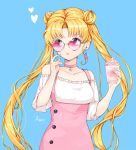  1girl amick_(americanomix) artist_request bangs bishoujo_senshi_sailor_moon blonde_hair blue_background blue_eyes blush choker collarbone cup disposable_cup double_bun drinking_straw earrings frilled_shirt frills hands_up heart heart-shaped_eyewear holding holding_cup jewelry long_hair looking_at_viewer parted_bangs parted_lips pink_choker shirt short_sleeves sidelocks smoothie solo sunglasses tsukino_usagi twintails upper_body very_long_hair white_shirt 