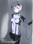  1girl ayanami_rei black_gloves bodysuit breasts breasts_apart character_name collarbone covered_navel cowboy_shot gloves grey_bodysuit head_tilt highres indoors konbari_tariumu looking_at_viewer neon_genesis_evangelion plugsuit red_eyes short_hair silver_hair small_breasts solo standing 