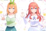  2girls 6u_(eternal_land) absurdres bangs blue_eyes blush bow breasts character_name collarbone flower go-toubun_no_hanayome hair_bow hair_ornament hand_holding highres interlocked_fingers long_hair looking_at_viewer medium_breasts multiple_girls nakano_itsuki nakano_yotsuba open_mouth orange_hair page_number petals redhead scan shiny shiny_hair simple_background v 