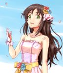  1girl :d anbj blue_flower blue_rose blue_sky breasts brown_hair cherry_blossoms cleavage collarbone day dress floating_hair flower frilled_dress frills gloves green_eyes hair_flower hair_ornament himekawa_yuki idolmaster idolmaster_cinderella_girls jewelry long_hair looking_at_viewer medium_breasts necklace open_mouth outdoors petals purple_ribbon red_flower red_rose ribbon rose shiny shiny_hair sky sleeveless sleeveless_dress smile solo standing strapless strapless_dress upper_body very_long_hair white_dress white_gloves yellow_flower yellow_rose 
