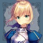  &gt;:( 1girl absurdres ahoge armor armored_dress artoria_pendragon_(all) bangs blonde_hair blue_bow blue_dress bow braid closed_mouth commentary_request dress eyebrows_behind_hair fate/stay_night fate_(series) floating_hair frown green_eyes hair_between_eyes hair_bow head_tilt highres ichiren_namiro juliet_sleeves long_sleeves looking_at_viewer puffy_sleeves saber sidelocks solo turtleneck upper_body v-shaped_eyebrows 
