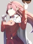  1girl bangs candy darling_in_the_franxx eating food gloves green_eyes hands_up highres horns kamopan1007 lollipop long_hair long_sleeves looking_at_viewer military military_uniform oni_horns pink_hair red_horns simple_background solo standing uniform very_long_hair white_gloves zero_two_(darling_in_the_franxx) 