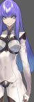  1girl bangs blue_eyes blue_hair bodysuit breasts closed_mouth covered_navel dot_nose eyebrows_visible_through_hair gloves gradient gradient_hair grey_background hachizowo highres multicolored_hair navel original purple_hair shiny shiny_hair simple_background smile solo standing tight white_gloves 