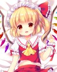  1girl :d ascot blonde_hair commentary_request crystal dakimakura eyebrows_visible_through_hair fangs flandre_scarlet frilled_shirt_collar frills hand_up hat irori long_hair looking_at_viewer lying mob_cap on_back open_mouth puffy_short_sleeves puffy_sleeves red_eyes red_shirt red_skirt ribbon-trimmed_sleeves ribbon_trim shirt short_sleeves side_ponytail skirt skirt_set smile solo touhou upper_body wings wrist_cuffs yellow_neckwear 